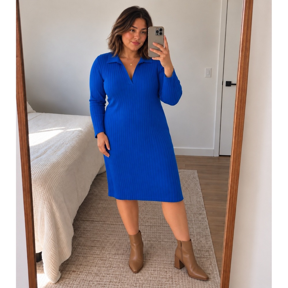 Old Navy Womens Ribbed Polo Midi Dress XXL Blue V Neck Long Sleeve Preppy Casual